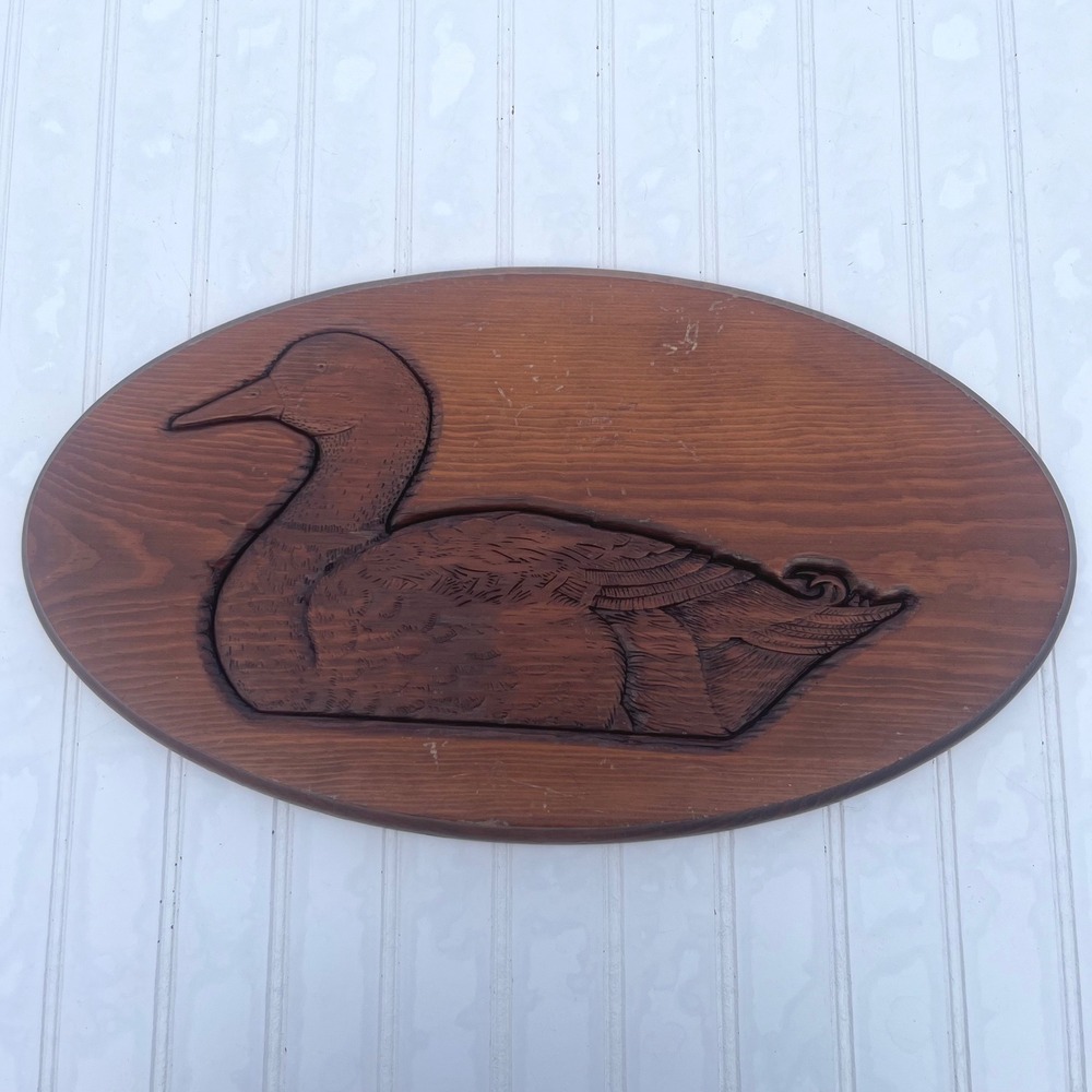Vintage Hand Carved Wooden Duck Plaque Oval Wall Hanging Rustic Cabin Decor 19in